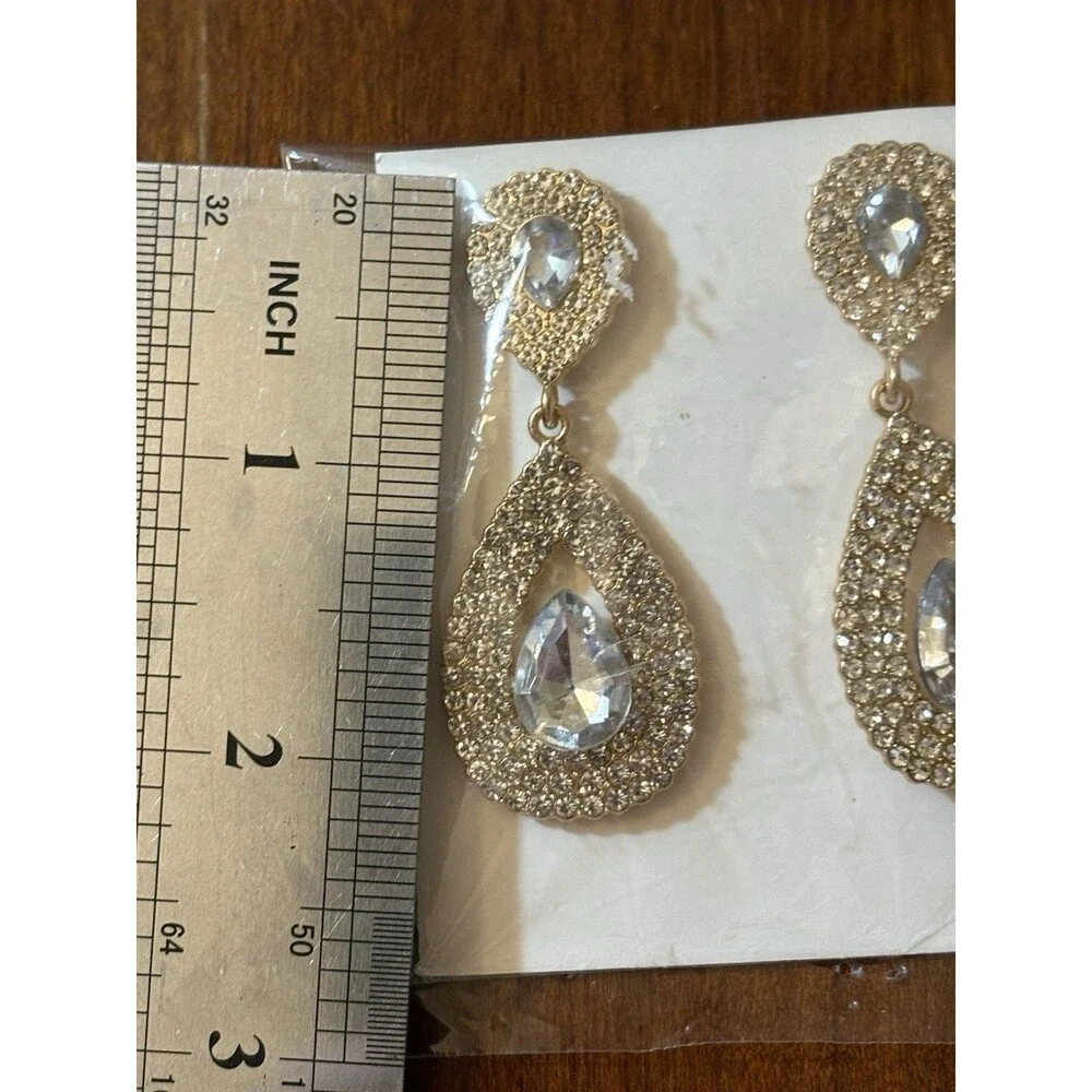 New Silver Tone Rhinestone Teardrop Dangle Earrings Clear Crystal Statement